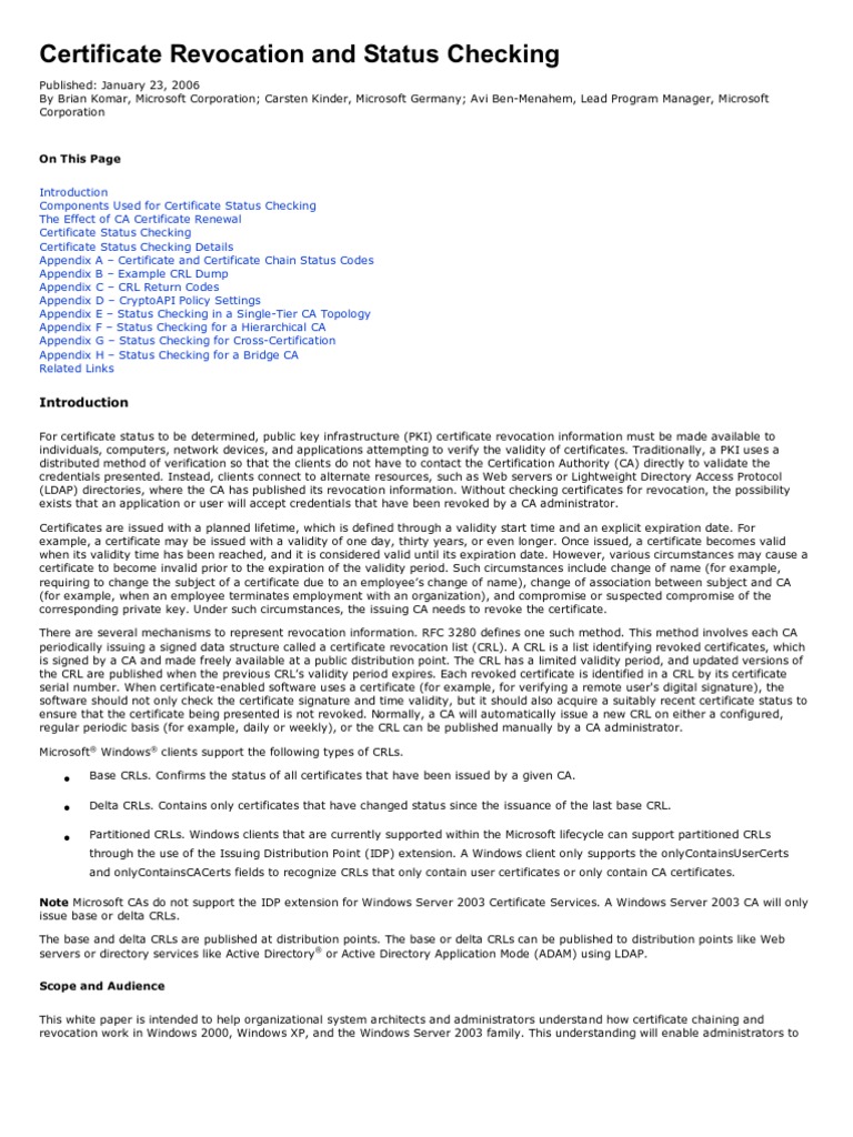 Certificate Revocation and Status Checking | PDF | Public Key Certificate |  Windows 2000