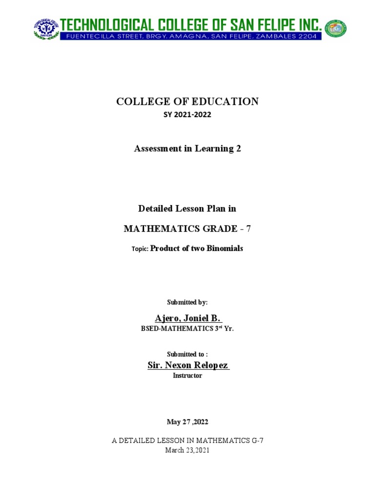 Grade 7 Math Lesson: Binomials Product | PDF | Equations | Variable ...