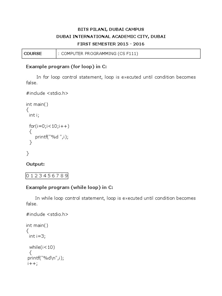Example Program (For Loop) in C PDF Pointer Programming