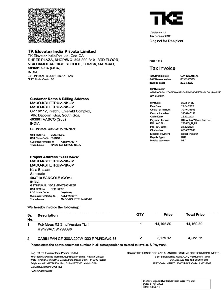 TK Elevator India Tax Invoice GA1035004478 | PDF | Invoice | Economies