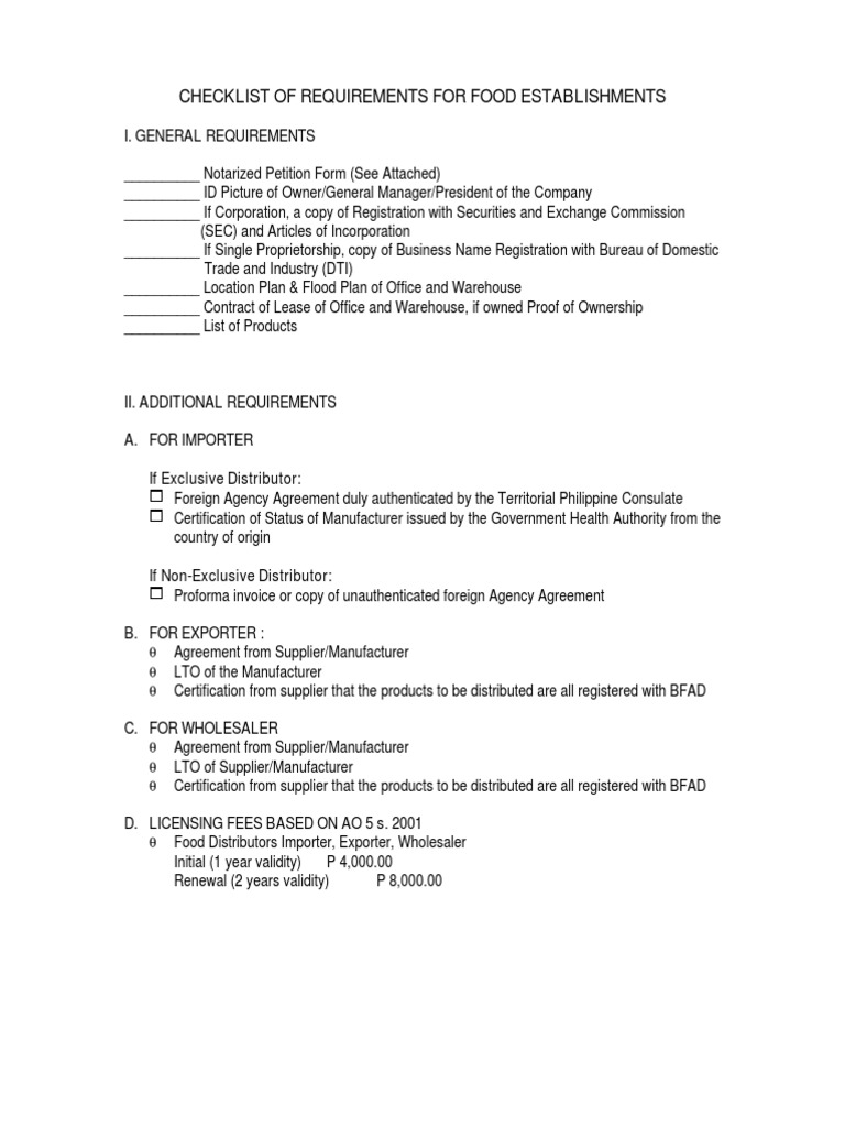 BFAD Requirements for Food Establishments | PDF | Notary Public ...