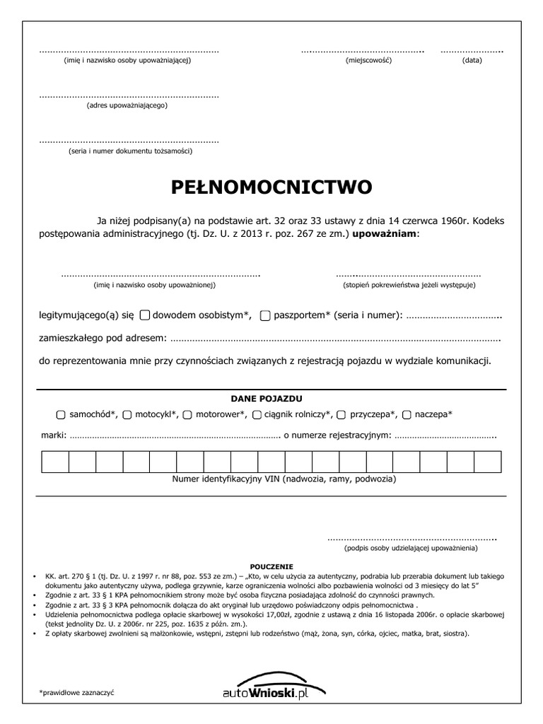 Upowaznienie Pelnomocnictwo Do Rejestracji Pojazdu | PDF