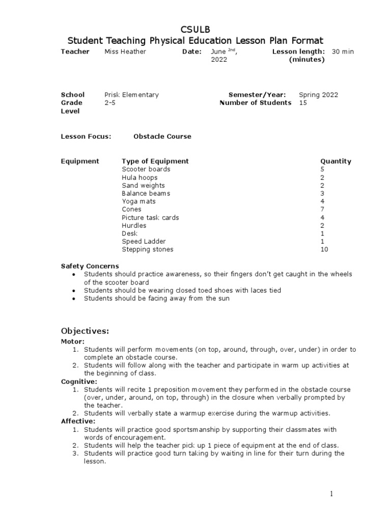 Observation 6 lesson plan obstacle course grade 2 5 descargar