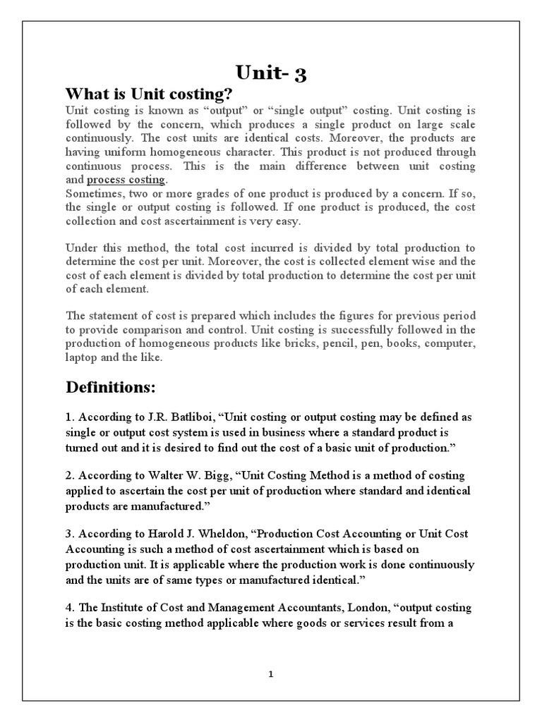 Unit 3 What Is Unit Costing Pdf Cost Output Economics