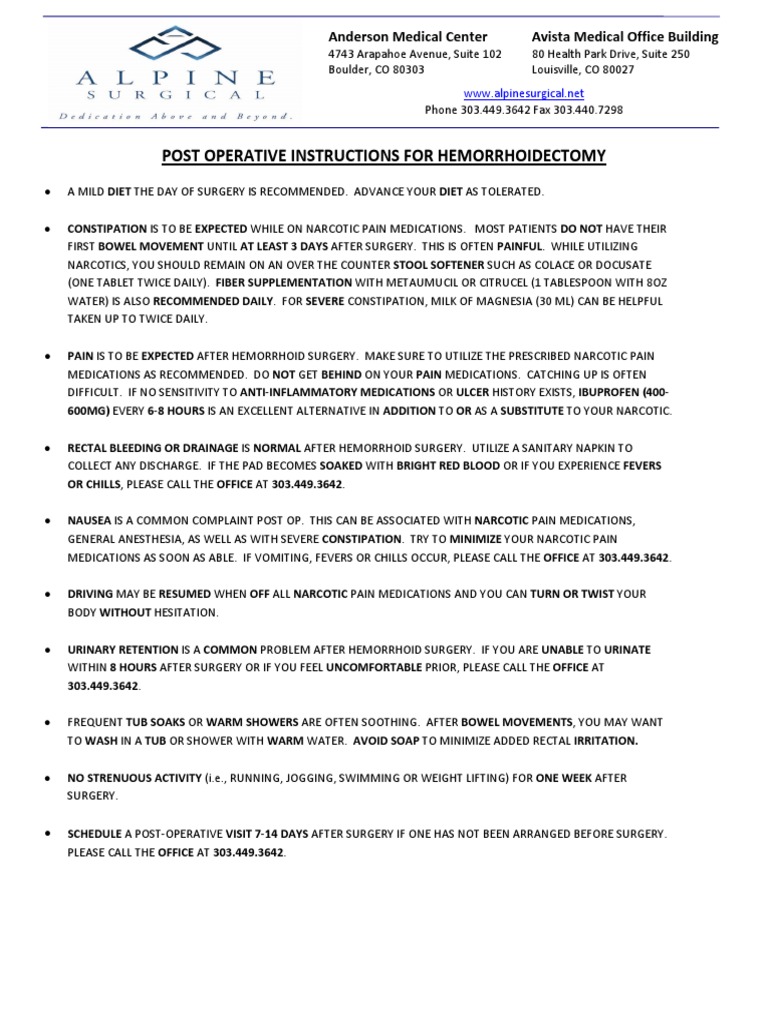 Post Operative Instructions For Hemorrhoidectomy PDF Constipation