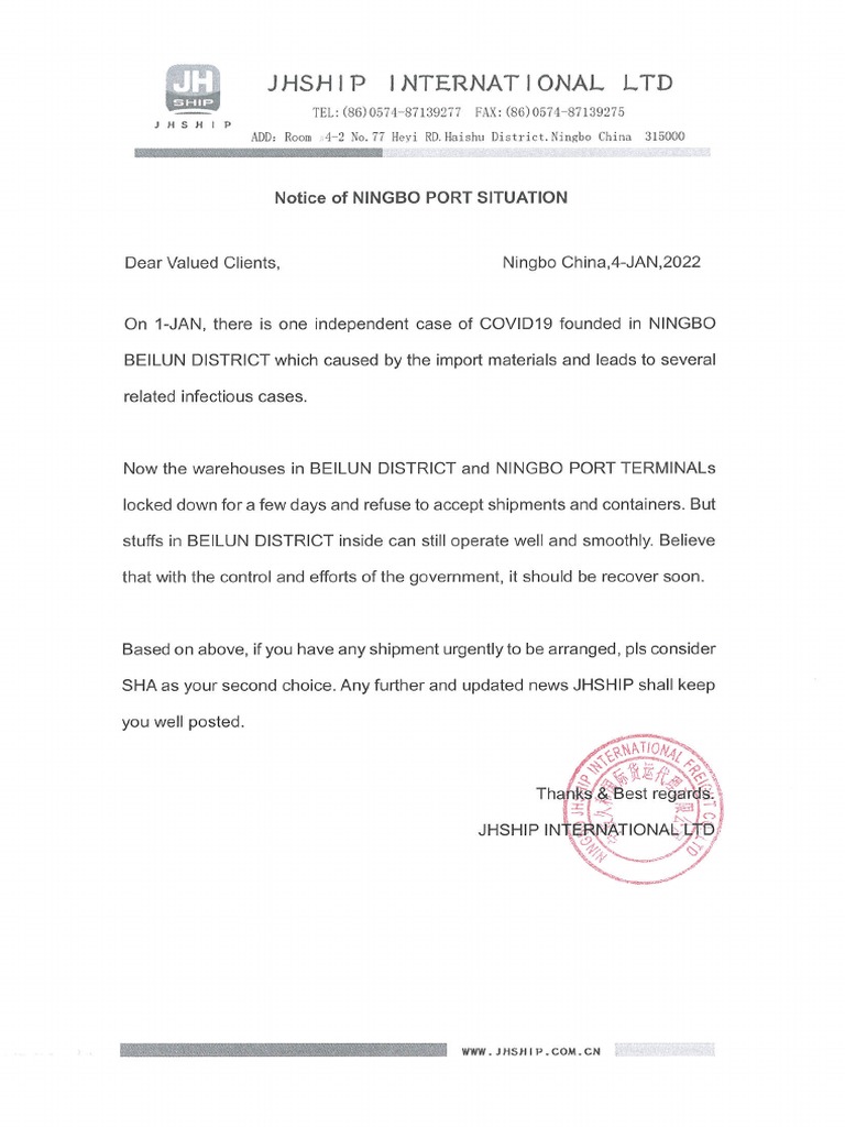 Notice of Ningbo Port Situation | PDF