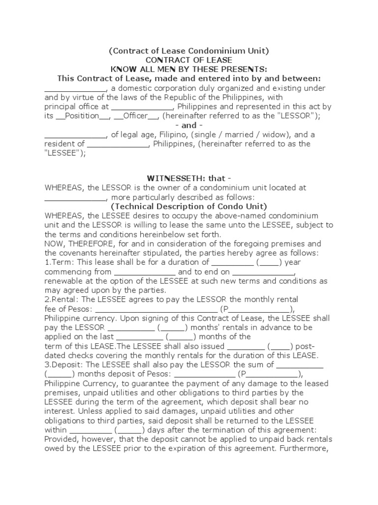 Condominium Unit Lease Agreement | PDF | Lease | Common Law