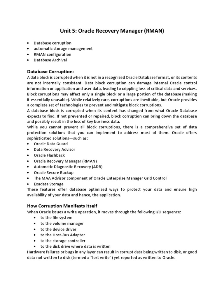 Unit 5 Oracle Recovery Manager (RMAN) Database Corruption PDF