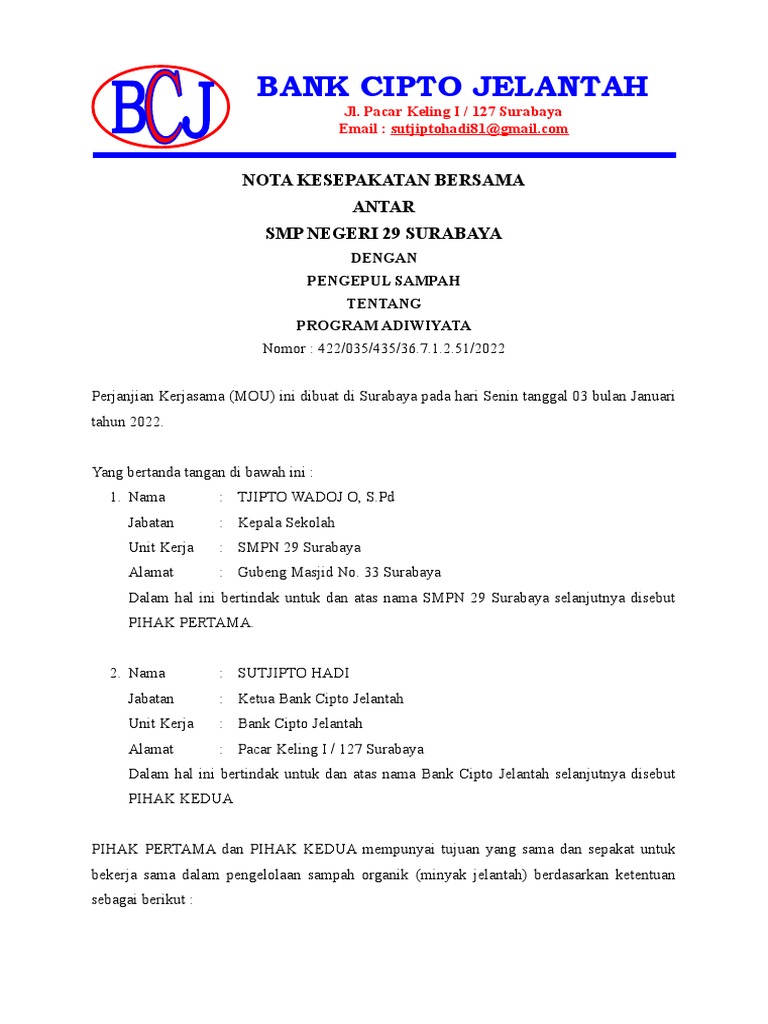 Nota Kesepakatan Bersama Bank Cipto Jlantah | PDF