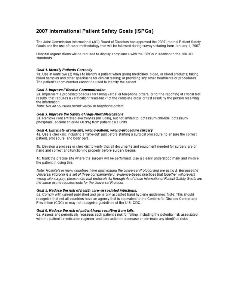 2007 International Patient Safety Goals Patient Safety Patient