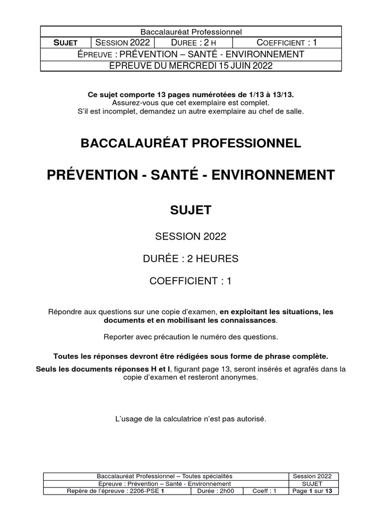 Sujet Bac Français 2022 Pdf Corrigé BAC PRO 2022 Sujet Prévention Santé Environnement | PDF | Prophylaxie |  Énergie renouvelable
