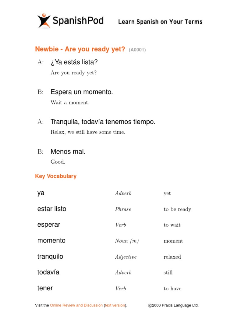 Spanish Lesson A0001: Are You Ready? | PDF