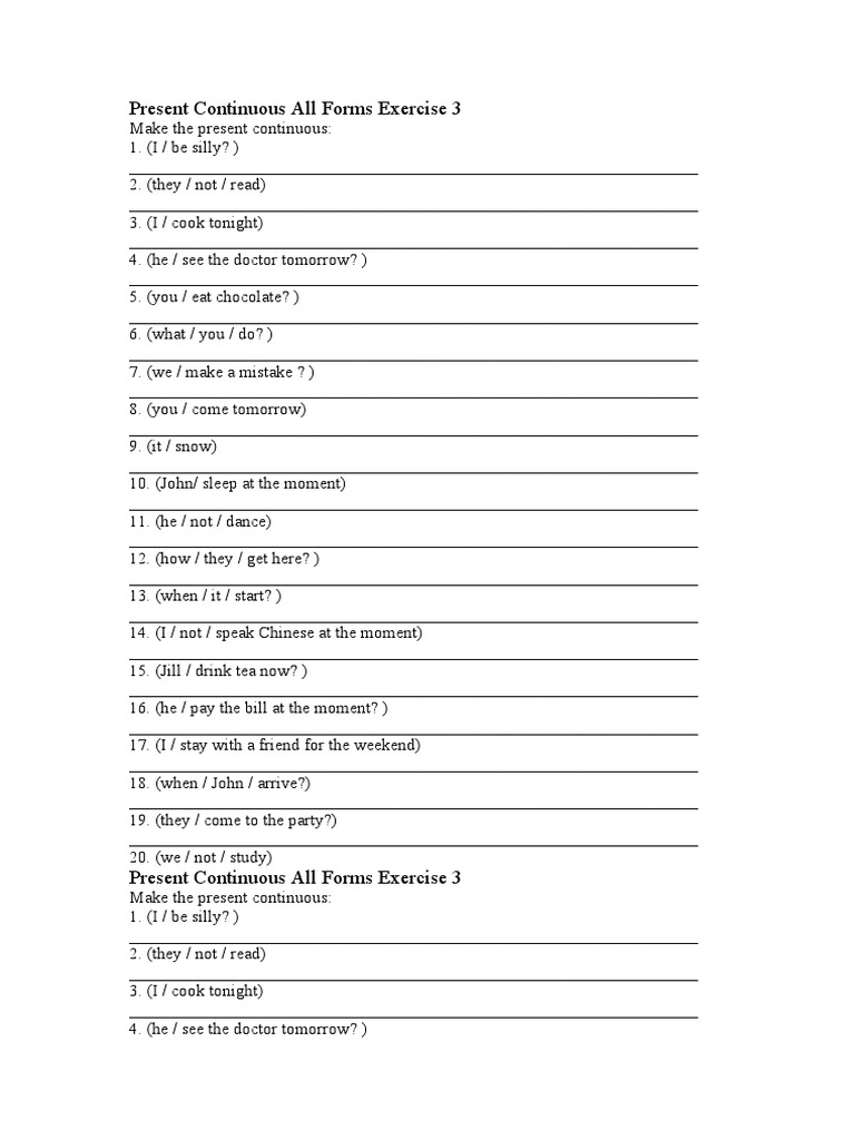 Present Continuous Practice Exercise | PDF | Drink | Food And Drink