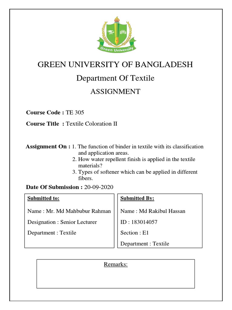 Green University of Bangladesh Department of Textile: Assignment | PDF ...