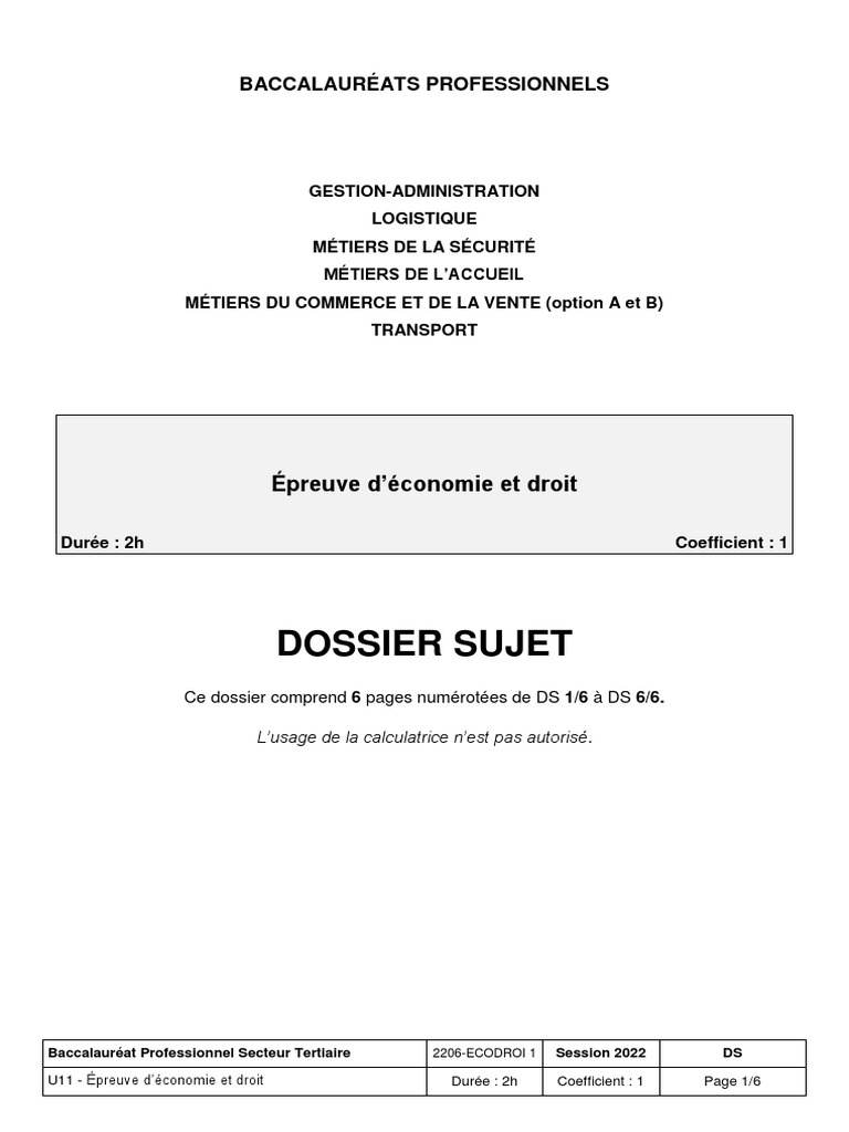 Bac Eco Droit 2023 Bac pro 2022 Eco droit | PDF | Économie