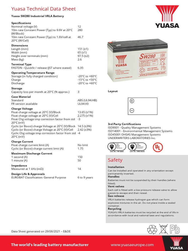 Yuasa Technical Data Sheet The World's Leading Battery Manufacturer