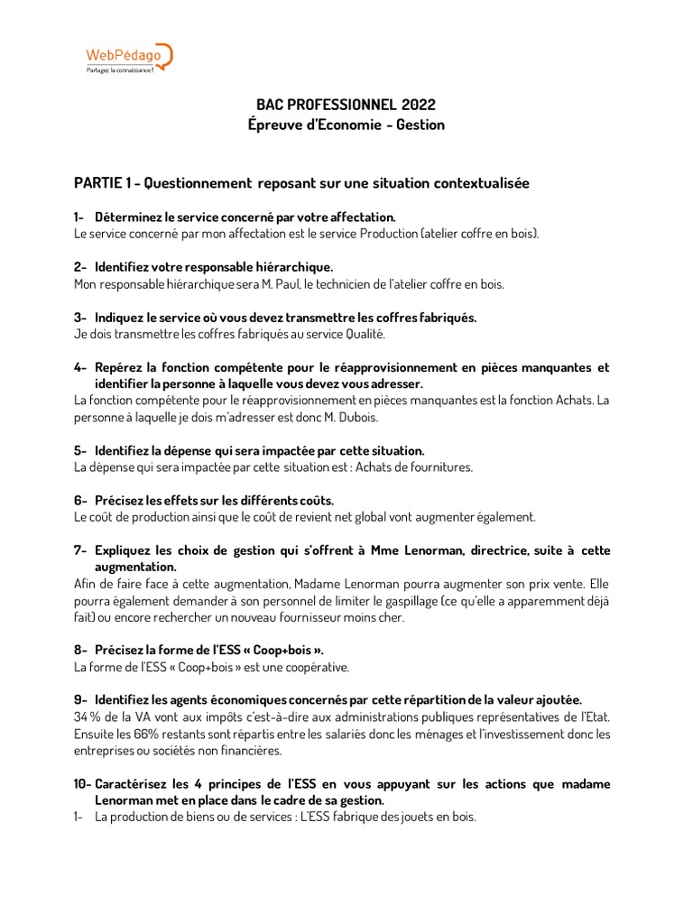 Livre Economie gestion Bac Pro Industriel Corrigé Pdf Corrigé Bac Éco-Gestion | PDF | Économie sociale | Économie
