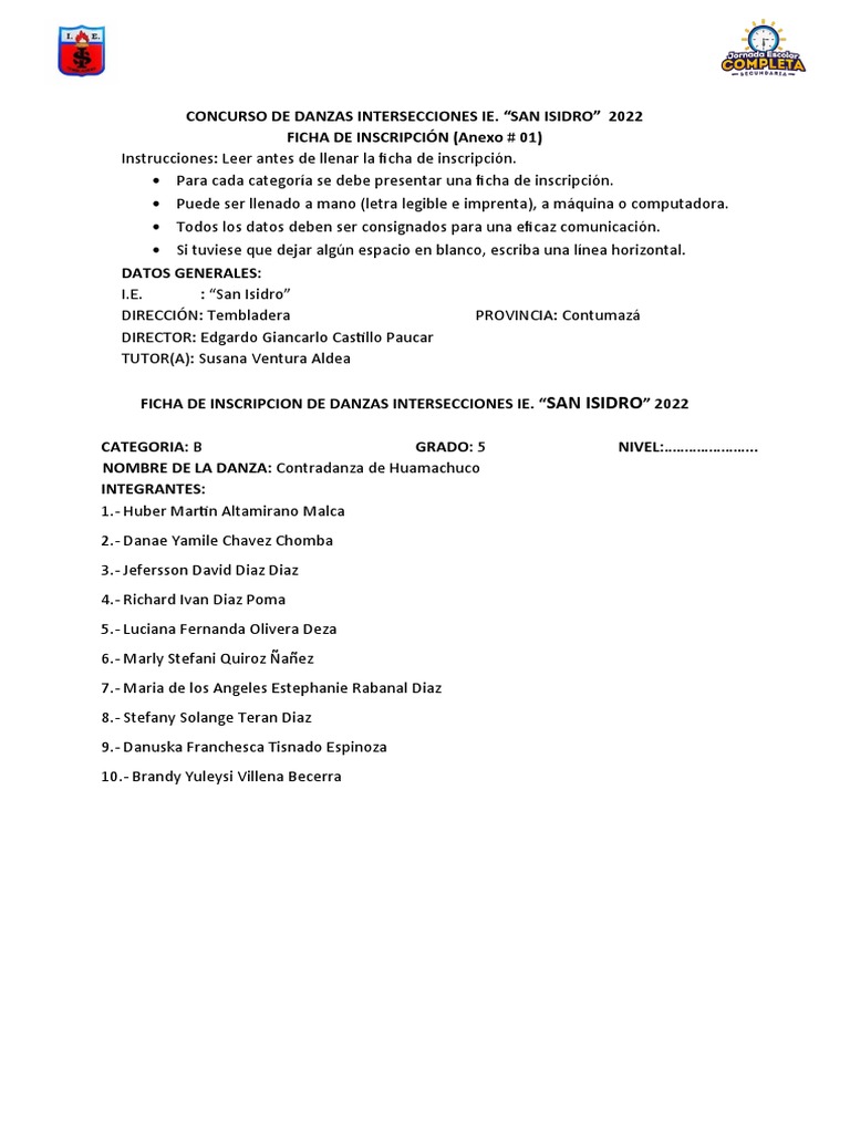 Ficha de Inscripción Concurso Danzas 2022 | PDF