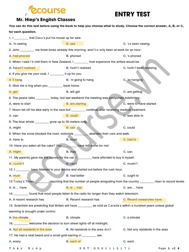 English Entry Test for Students | PDF