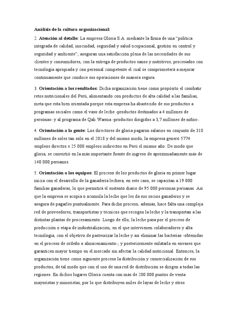 Análisis de la Cultura Organizacional de Gloria S.A. | PDF | Calidad ...
