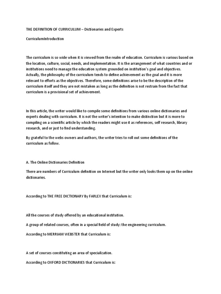 The Definition Of Curriculum PDF Curriculum Schools