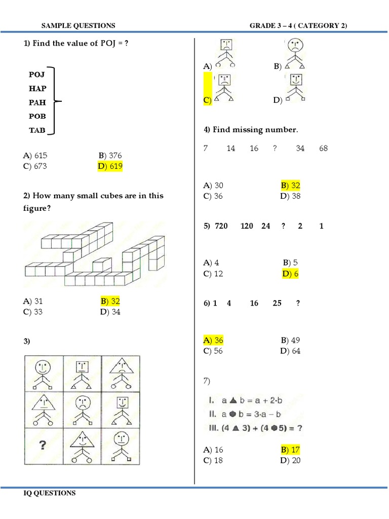 Grade 3-4 IQ Sample Questions | PDF