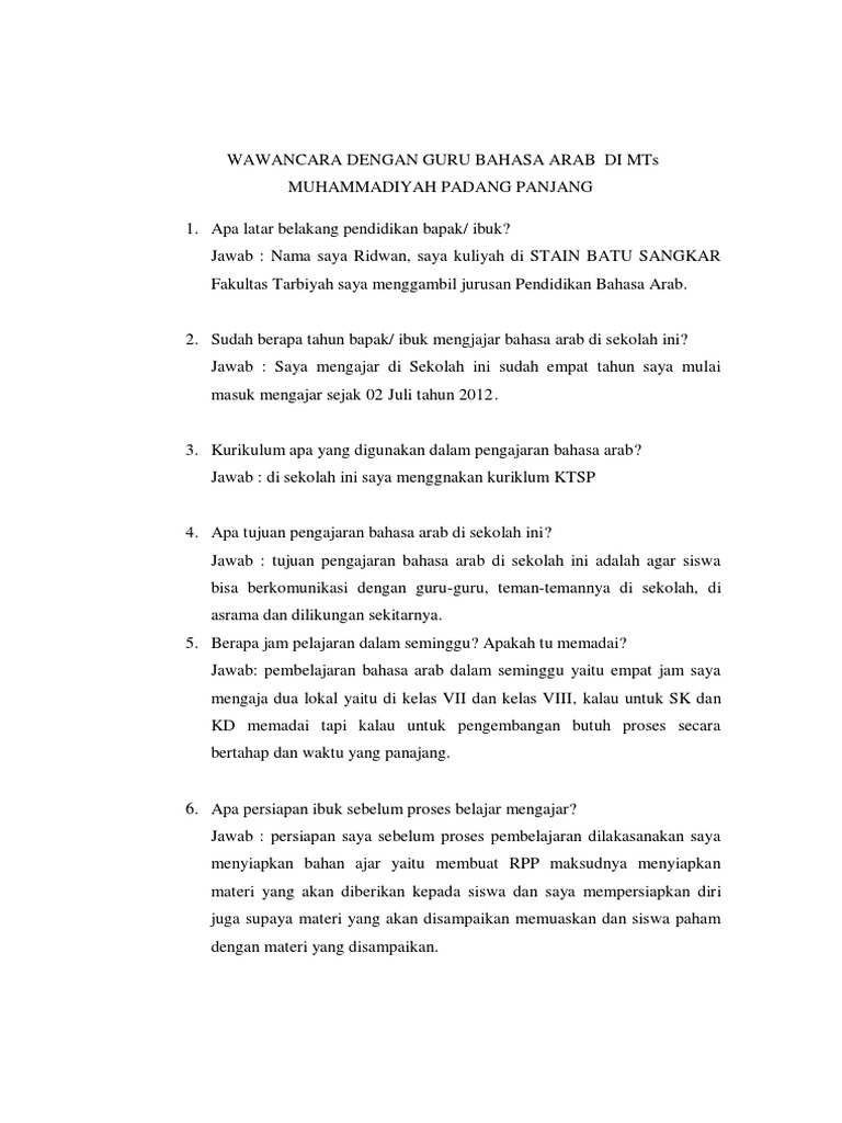 WAWANCARA+DENGAN+GURU+BAHASA+ARAB++DI+MTs+MUHAMMADIYAH+PADANG+PANJANG | PDF
