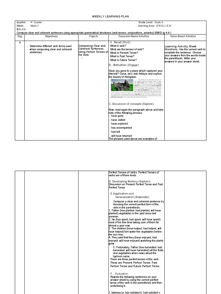 Quarter Grade Level Week Learning Area E N G L I S H HomeBased