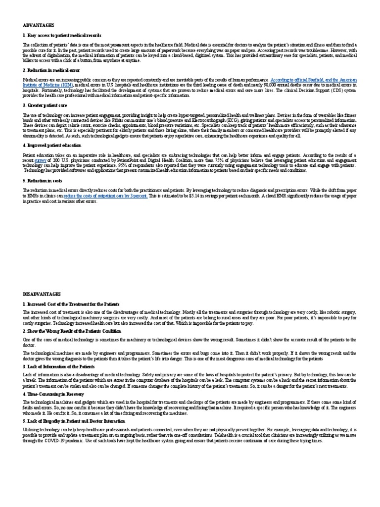 Pros and Cons of Healthcare Technology | PDF | Patient | Electronic ...