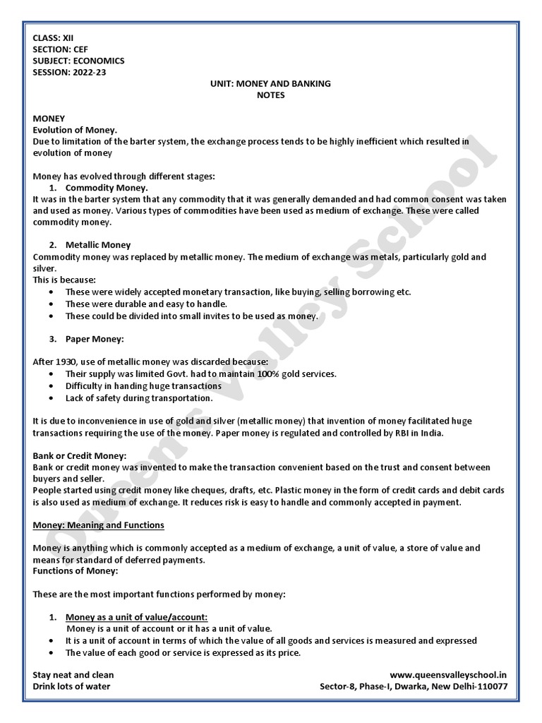 Xii Economics Money and Banking (Notes) PDF Money Money Supply
