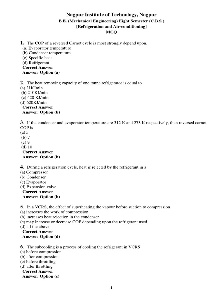 Nagpur Institute Mechanical Engineering MCQs Air Conditioning