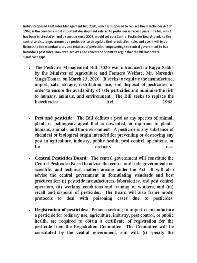 Pesticide Management Bill 2020 Pdf Pesticide Pest Control