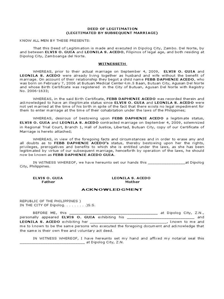 Deed of Legitimation PDF Marriage Birth Certificate
