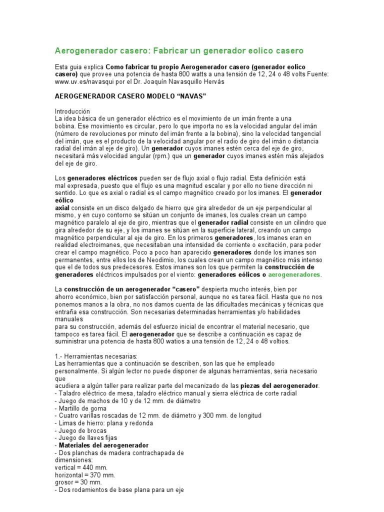 Construcción de un Aerogenerador Casero | PDF | Turbina eólica | Campo ...