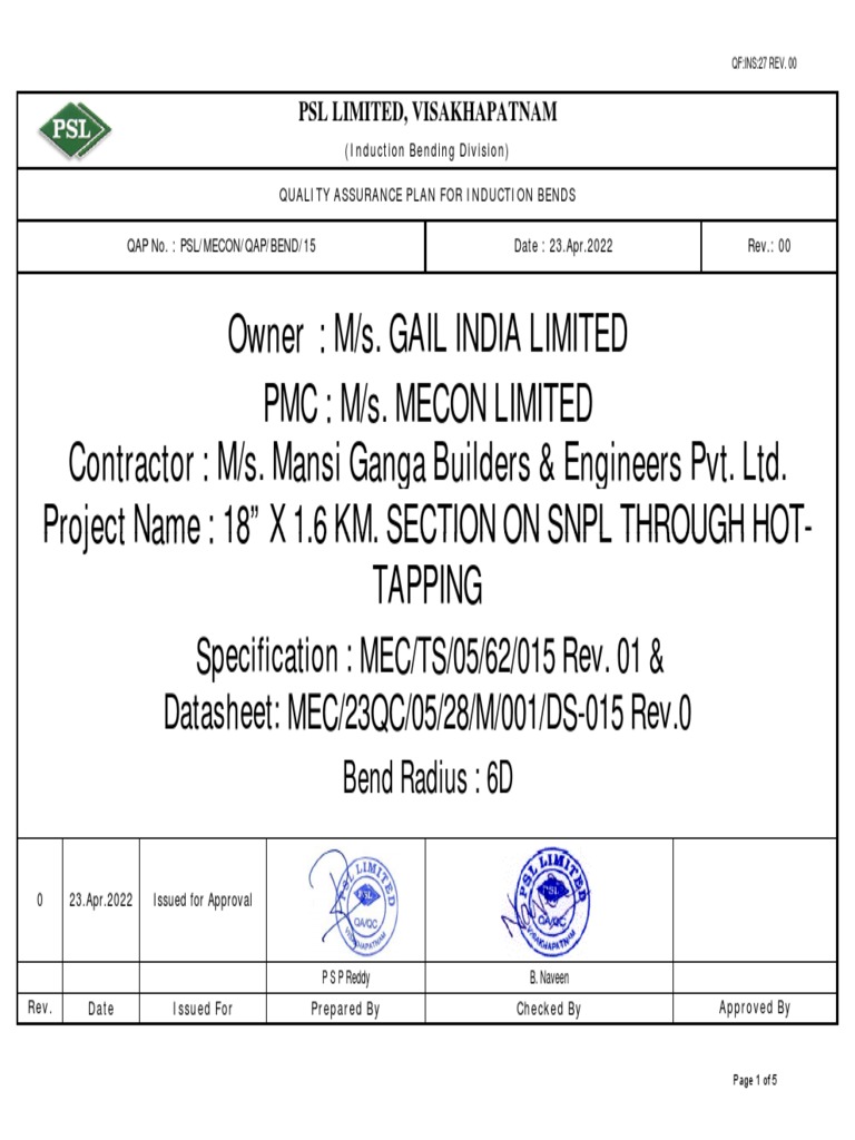 QAP Rev. 0 MECON PDF Pipe (Fluid Conveyance) Construction
