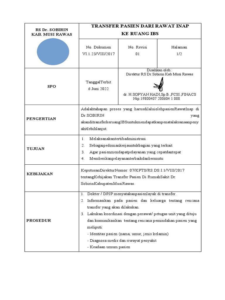 23 Sop Transfer Pasien Ri Ke Ibs Pdf