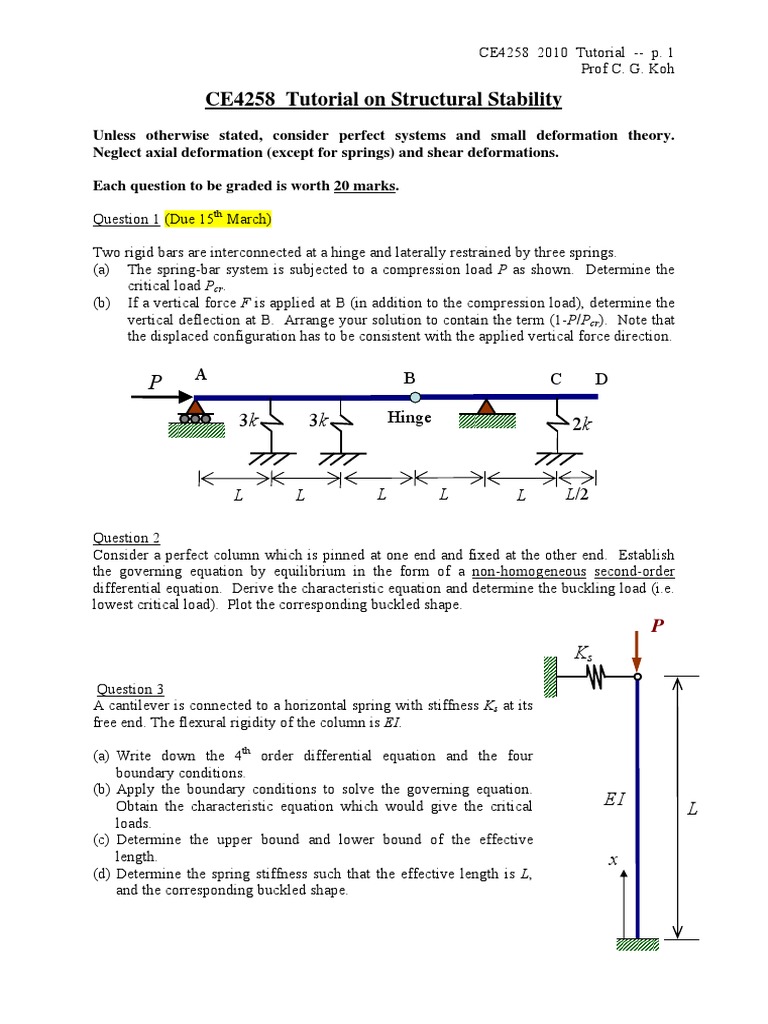 CE4258 Stability Tut - 2010 | PDF | Buckling | Bending