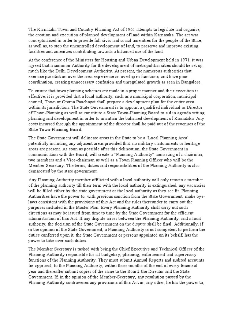 The Karnataka Town and Country Planning Act of 1961 Summarised PDF Expense Fee
