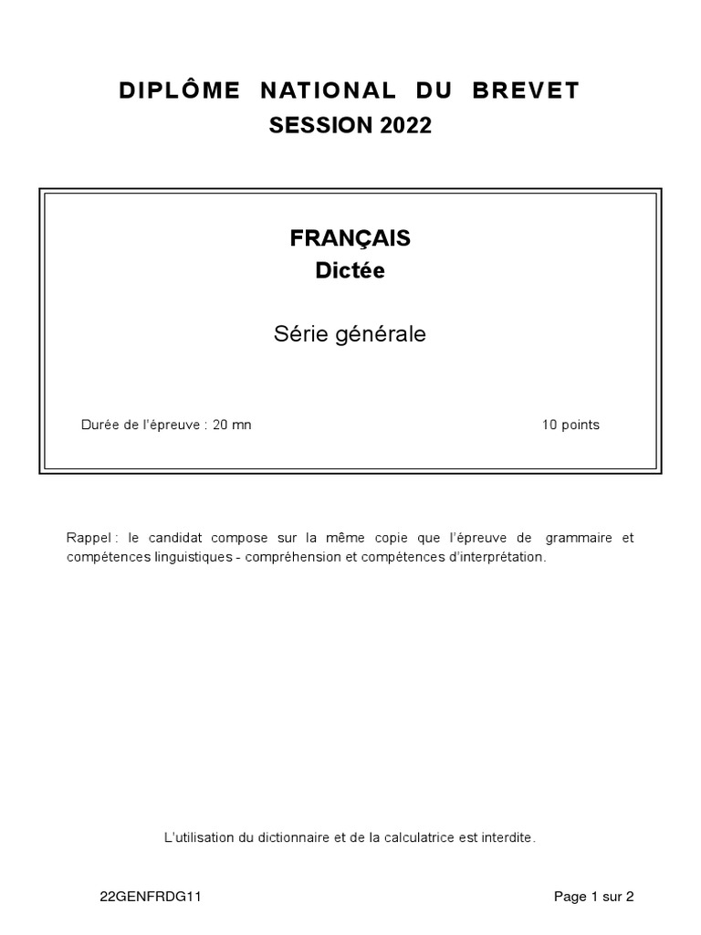 Corrige Epreuve De Francais 2023 Brevet Brevet Dictée | PDF