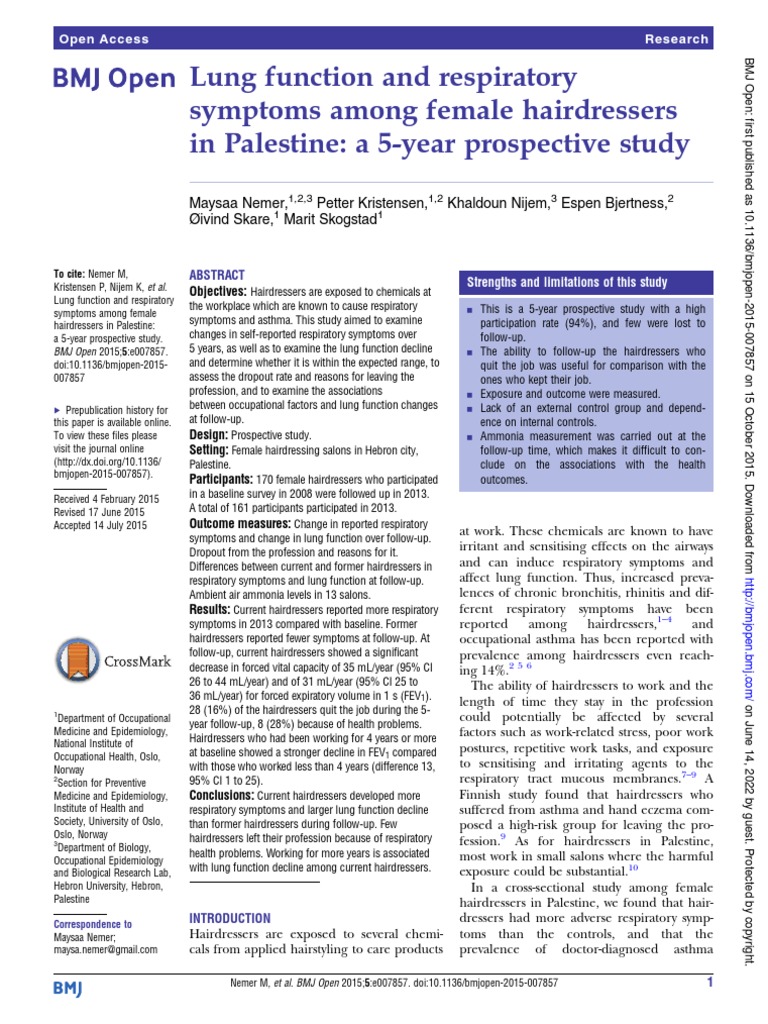 Lung Function and Respiratory Symptoms Among Female Hairdressers in