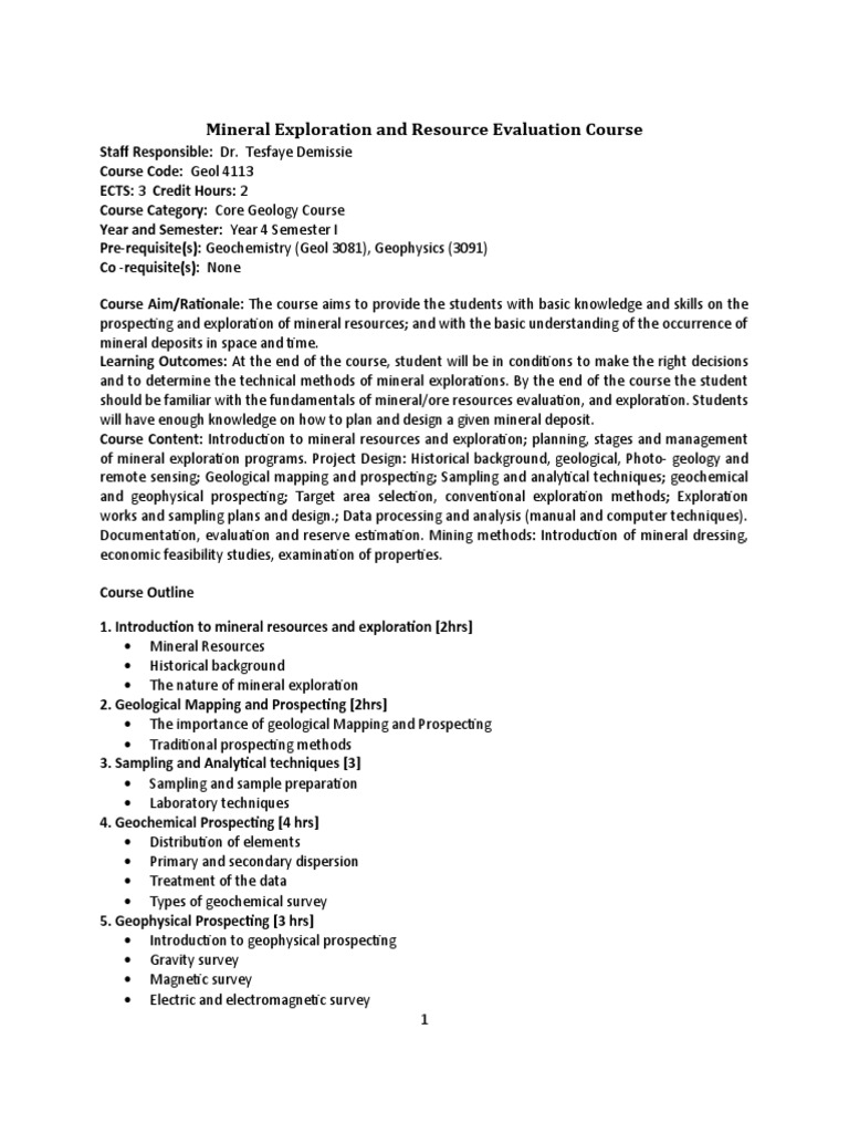 Mineral Exploration and Resource Evaluation Course Outline | PDF ...