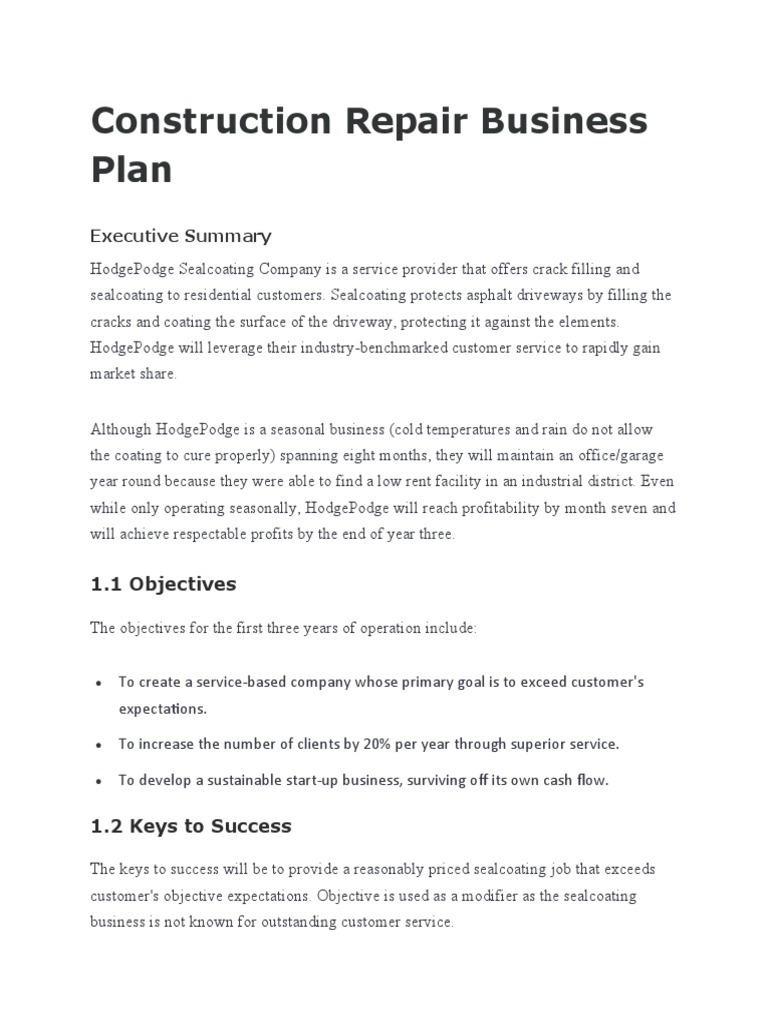 Construction Repair Business Plan | PDF | Customer | Profit (Economics)