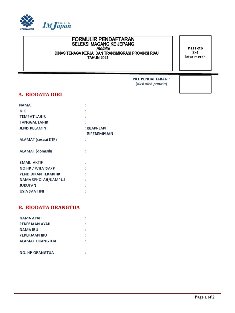 Form Pendaftaran Magang Jepang 2021 | PDF