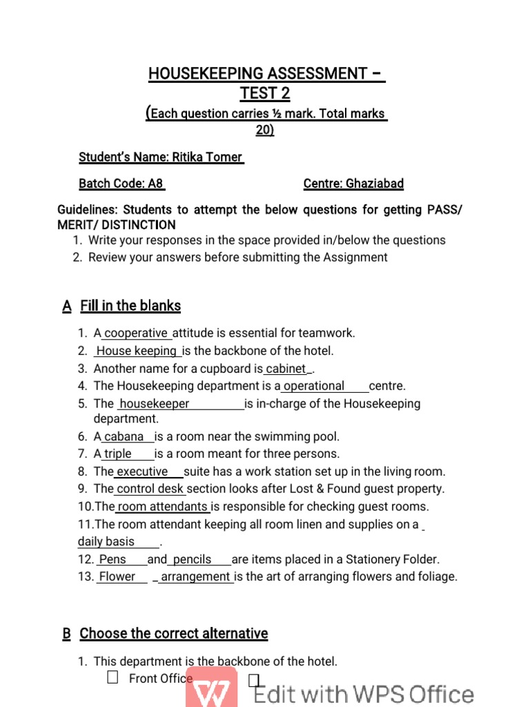Housekeeping Assessment Test 2 ( A Fill in The Blanks PDF Housekeeping Interior Design