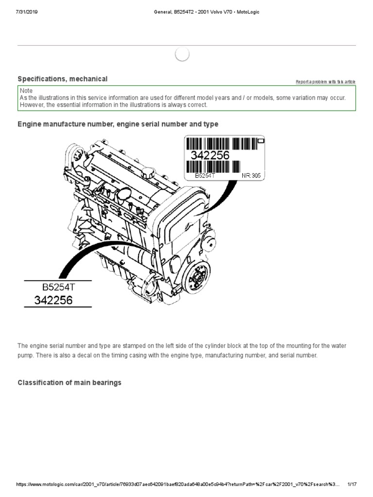2001 Volvo V70 B5254T2 Engine Specs | PDF | Piston | Turbocharger