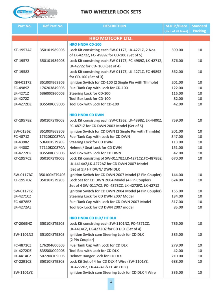 2018 Dio Lock Set Catalogue | PDF | Ignition System | Vehicles
