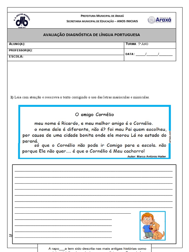 Avaliação Diagnóstica 5º Ano Português | PDF | Caixa alta e caixa baixa ...