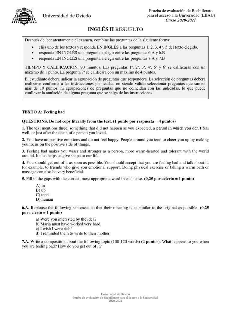 Examen Resuelto de Inglés II EBAU 2021 | PDF