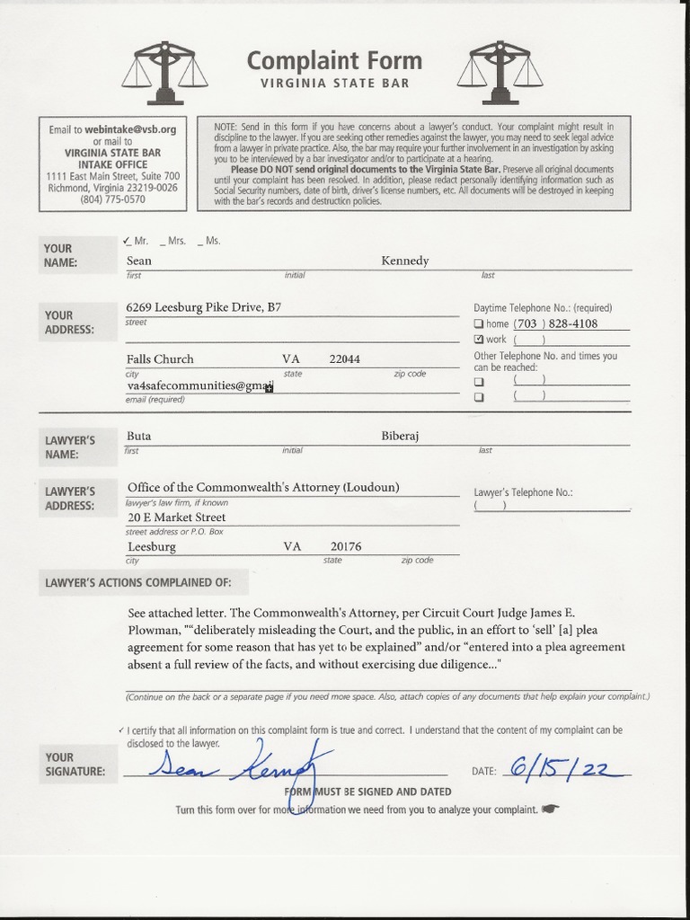 VA Bar Complaint PDF Plea Plea Bargain