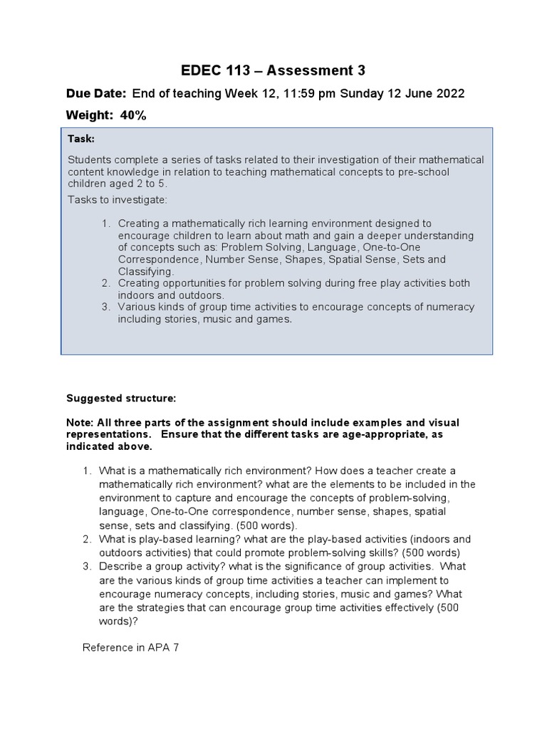 1 - Edec 113 - Assessment 3 Scaffold | PDF | Concept | Preschool